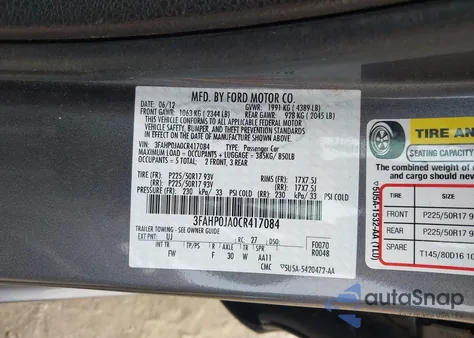2012 Ford Fusion Sel from USA, damaged, VIN 3FAHP0JA0CR417084